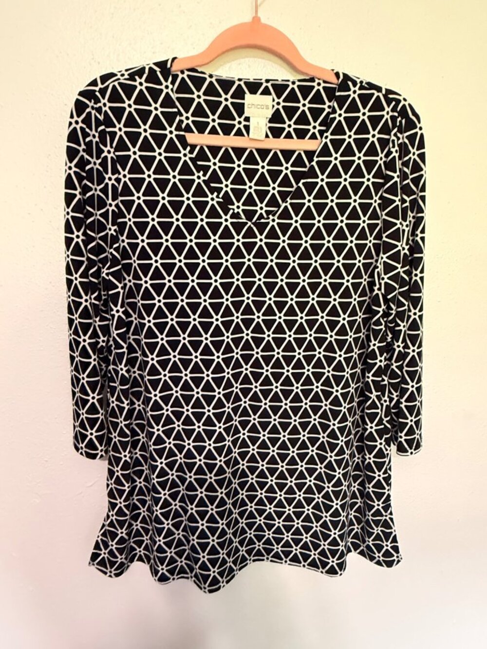 Chico's Top Black White Triangle Design Tunic 3/4 Sleeve Womans 1-S